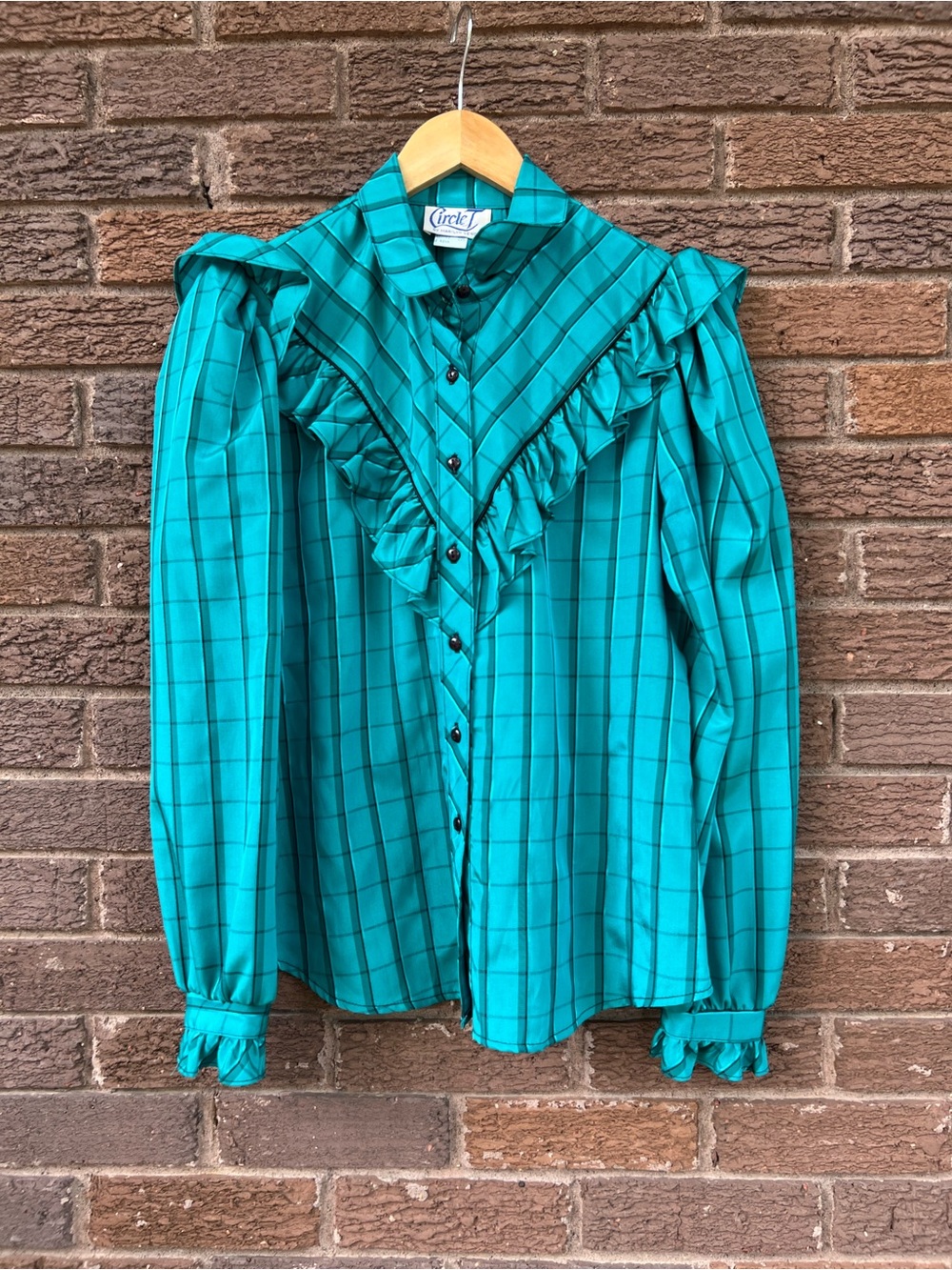 Vintage-style Teal Plaid Ruffle Button-Up Blouse